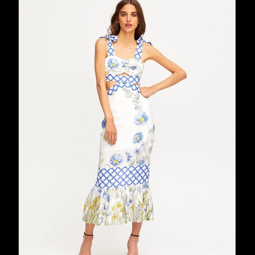 ALICE MCCALL $595 silk White Floral Halter Midi Dress “flower girl” Small
